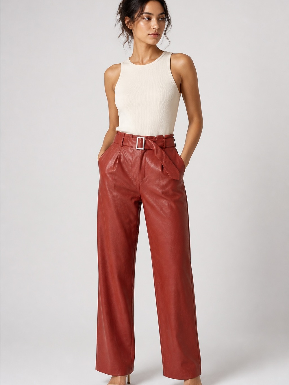MAJORELLE Wide-Leg Faux Leather Pants in Rust